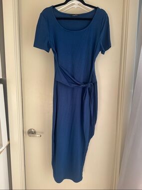 Blue Scoop-Neck Tie-Waist Midi Dress